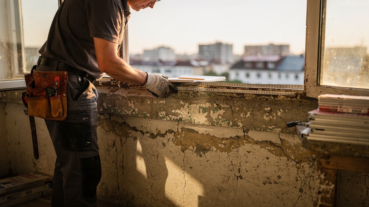 замер балкона перед монтажом французского остекления