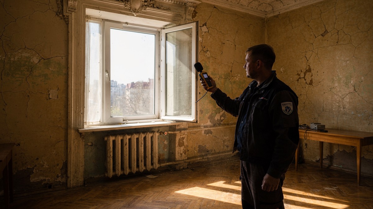 замер уровня шума в квартире в сталинке, шумомер в руке монтажника, окно закрыто