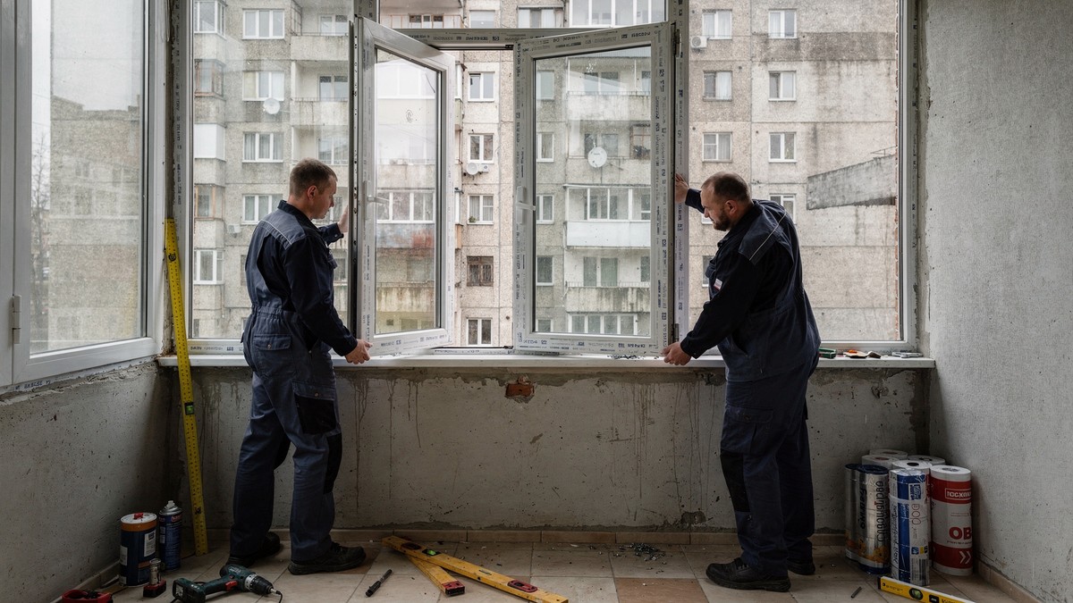 Готовый остеклённый балкон в панельном корабле 600-й серии, видна установленная рама KBE Engine с поворотно-откидными створками