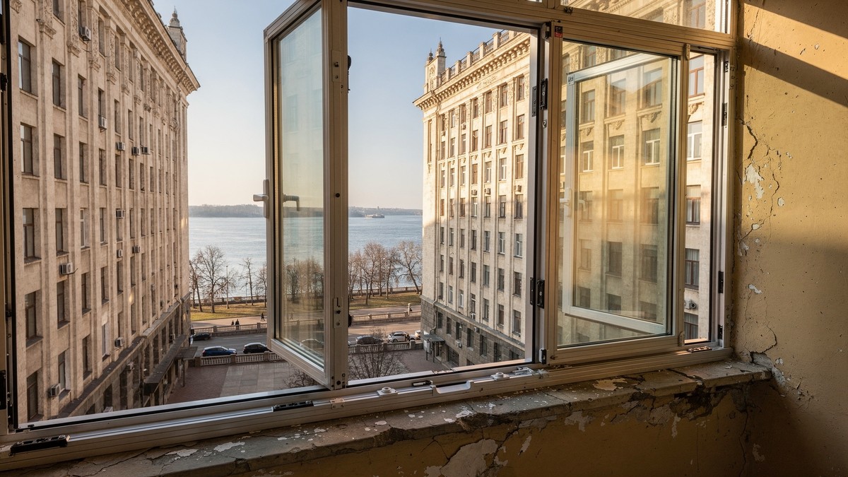вид установленной раздвижной системы Provedal на балконе сталинки, три створки в положении частичного открытия, Волжская набережная